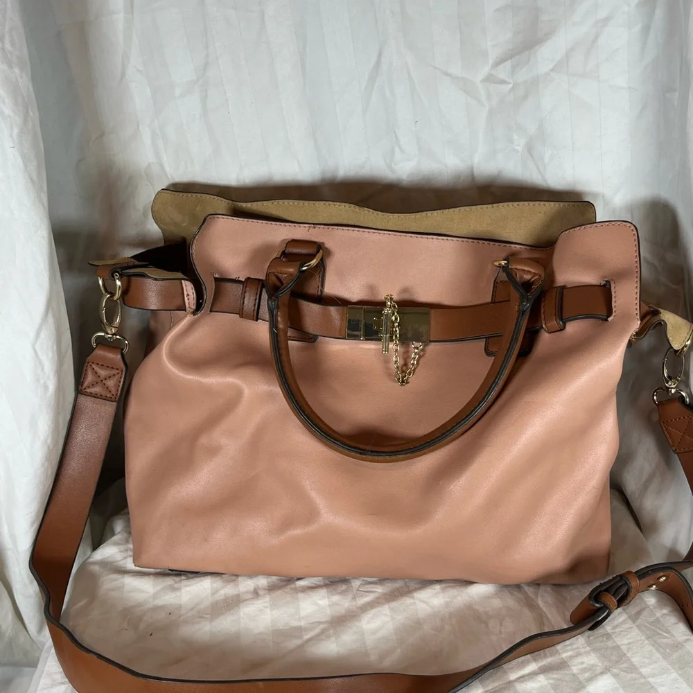 Blush Pink‎ and Brown Faux Leather Belted Satchel Crossbody Bag Gold Hardware